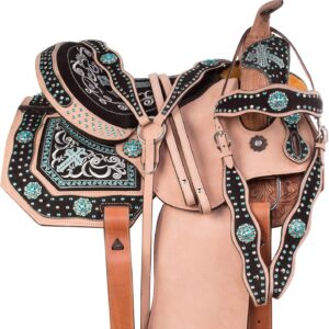 Lussoro Classic Quality Premium Leather Comfort Western Barrel Racing Trail Equestrian Horse Saddle, Headstall, Breast Collar & REINS With Free Gift A Saddle Pad